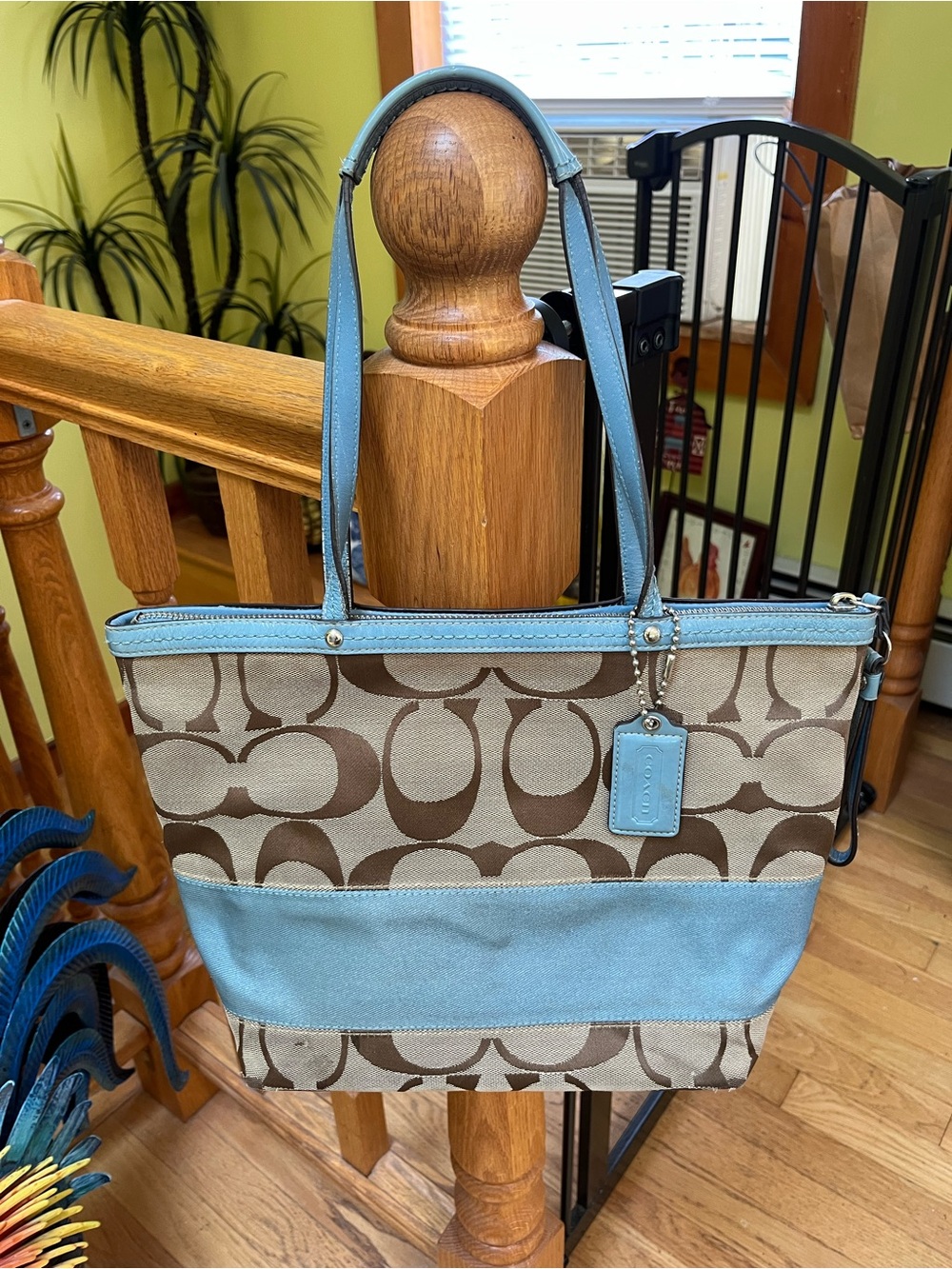 Coach Brown Signature Canvas Tote with Light Blue Trim